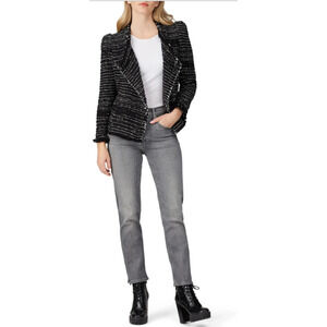 Iro Womens 38/6 US Diana Tweed Jacket Black Silver Fringe Open Puff Sleeves